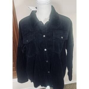 NWT ZARA Black Corduroy Shirt Jacket Shacket Women’s L raw hem fringe grunge